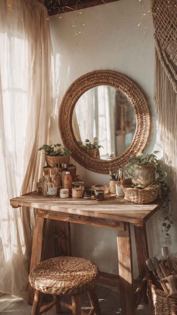 Boho Vanity with Natural Wood and Plants