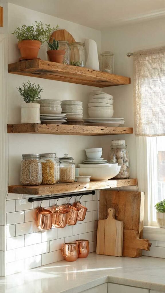 Open Wood Shelving Instead of Upper Cabinets