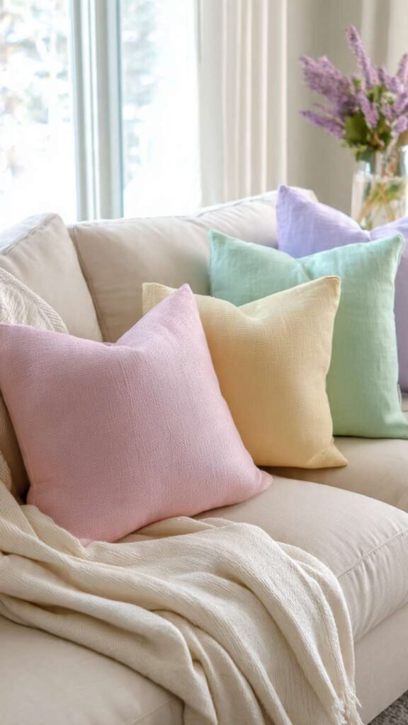 Pastel Throw Pillows and Light Blankets