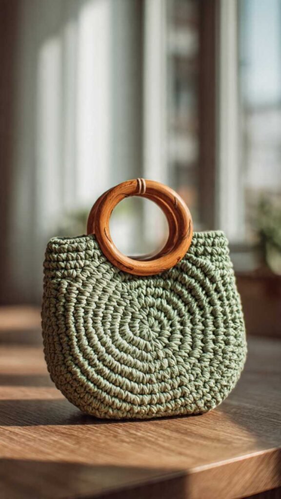 Round Circle Bag with Wooden Handles