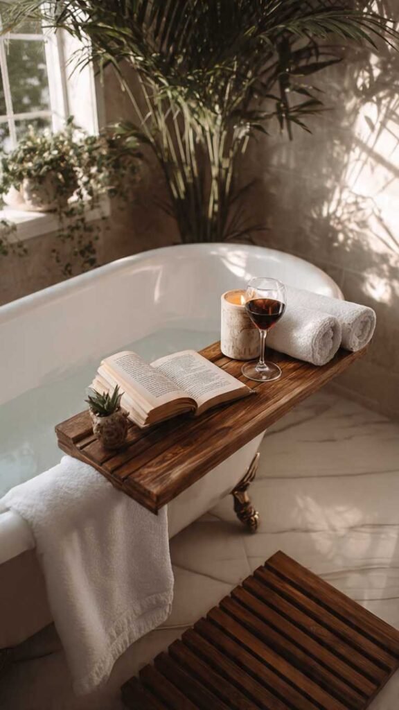 Wooden Bath Tray and Accessories