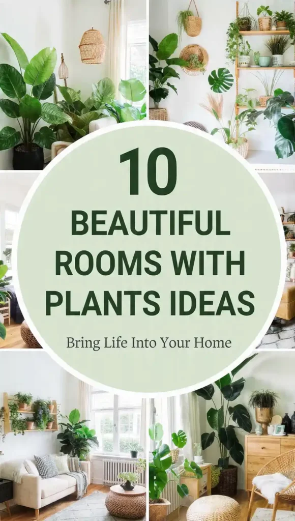 A high-CTR Pinterest-style vertical 9:16 image designed as a fresh home inspiration roundup pin.
Multiple beautiful rooms filled with plants arranged around the edges, with a large rounded sticker-style shape in the center for the headline.
Rooms with plants featuring:
lush indoor greenery, fiddle leaf figs, monsteras, hanging plants, potted plants on shelves and floors, light-filled living spaces, cozy corners, natural textures.
Bright natural daylight, airy and refreshing atmosphere, realistic interior photography.
Fresh and natural color palette:
soft white, warm beige, light wood, sage green, olive, deep green accents.
Clean, calming, nature-inspired aesthetic.
Center headline text in bold, clean typography:
“10 BEAUTIFUL ROOMS WITH PLANTS IDEAS”
Secondary line below in smaller text:
“Bring Life Into Your Home”
Text color: deep green, soft charcoal, or warm brown on a white or light beige sticker background.
High contrast, mobile-friendly, scroll-stopping layout.
Pinterest-trending aesthetic, clean and refreshing feel, uncluttered composition, high resolution, optimized for high saves and clicks.
⚡ Extra CTR Booster (Optional Line)
Add at the end:
Designed to feel fresh, calming, and instantly save-worthy on Pinterest home decor feeds.